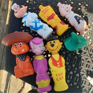 Vintage 60s Soaky Cartoon Character Squeeze Toys Set Bubble Bath Bottles Lot 6